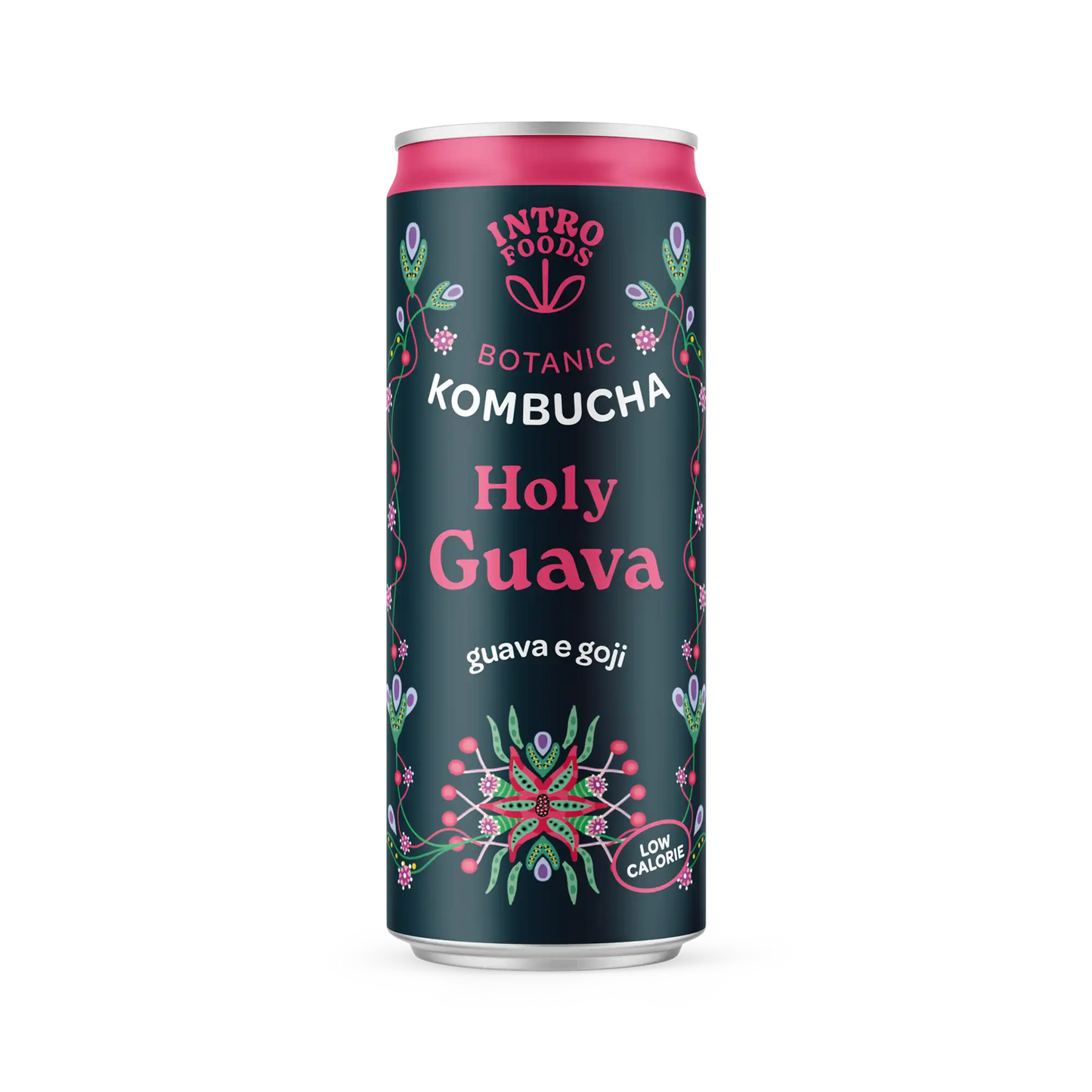 Holy Guava Kombucha in a sleek can by Intro Foods, a craft beer alternative rich in antioxidants.