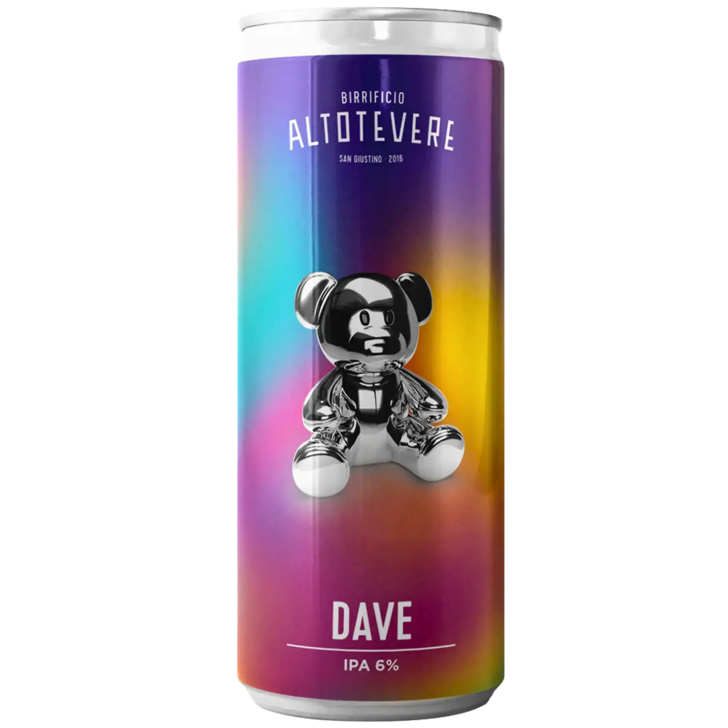 Lattina di birra artigianale Dave, IPA 6%, Birrificio Altotevere, con design colorato e giocoso.