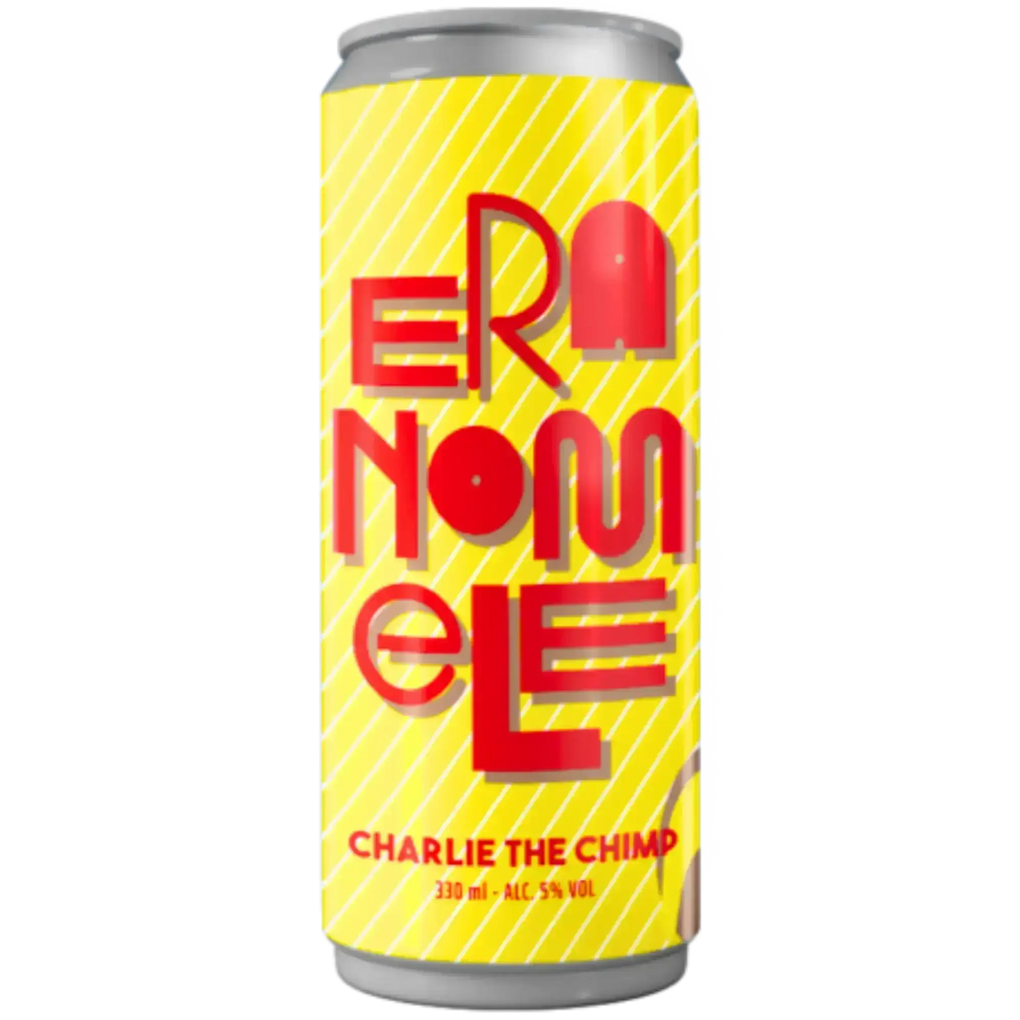 Charlie the Chimp craft beer can, 330ml, with unique smokey and banana flavors, by Erano Mele.