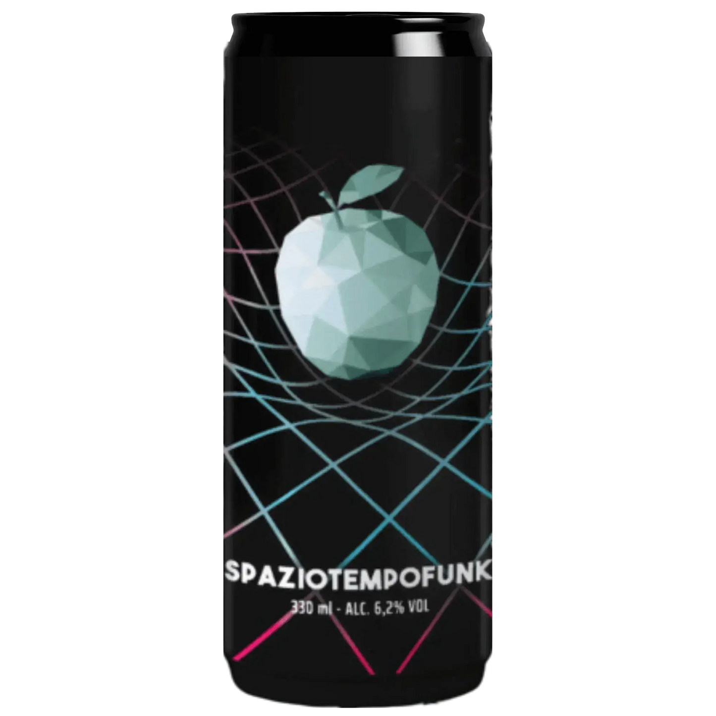 Lattina di birra artigianale Spaziotempofunk, 330 ml, 6.2% ALK, design funky con mela in primo piano.