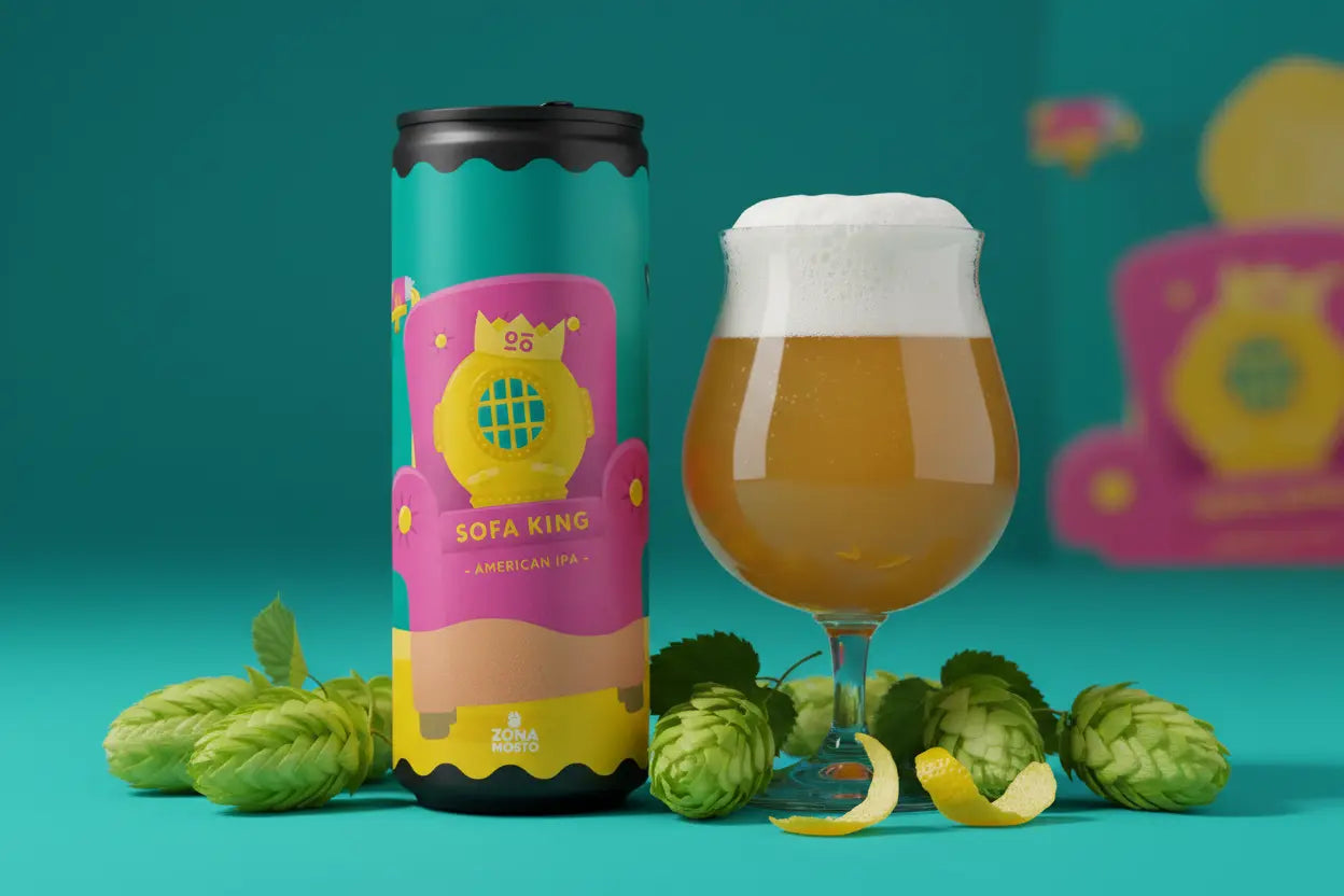 Sofa King American IPA moderna di Zona Mosto dal corpo medio con un amaro bilanciato e aromi e sapori intensi di agrumi e resine - maltese.beer