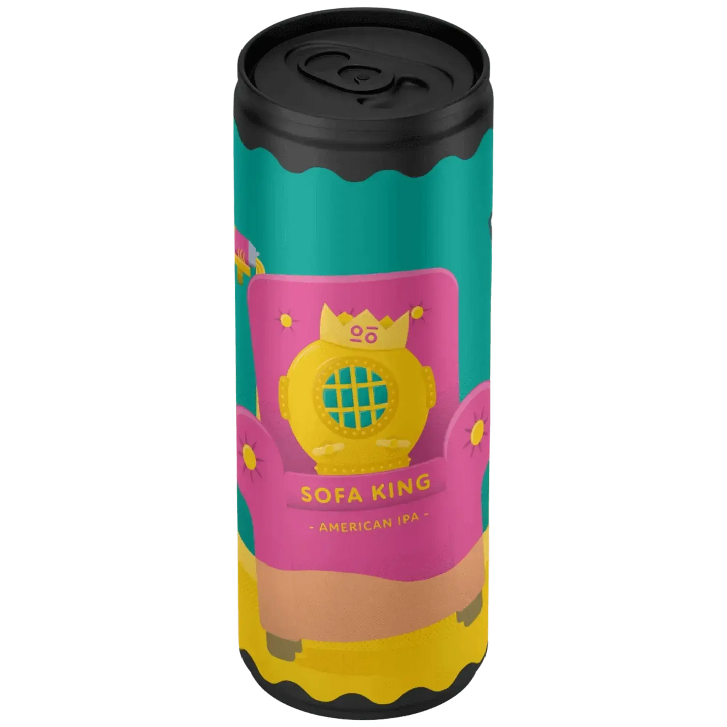 Sofa King, birra artigianale American IPA in lattina colorata, con design vivace e aromi agrumati.