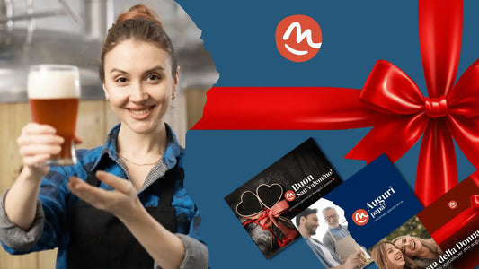 GIFT CARD PER SAN VALENTINO CON LA BIRRA ARTIGIANALE, donna che sorride con birra artigianale e buoni regalo.