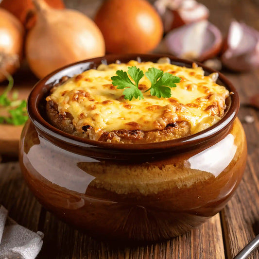 Zuppa di cipolle alla birra ambrata con pane e formaggio gratinato