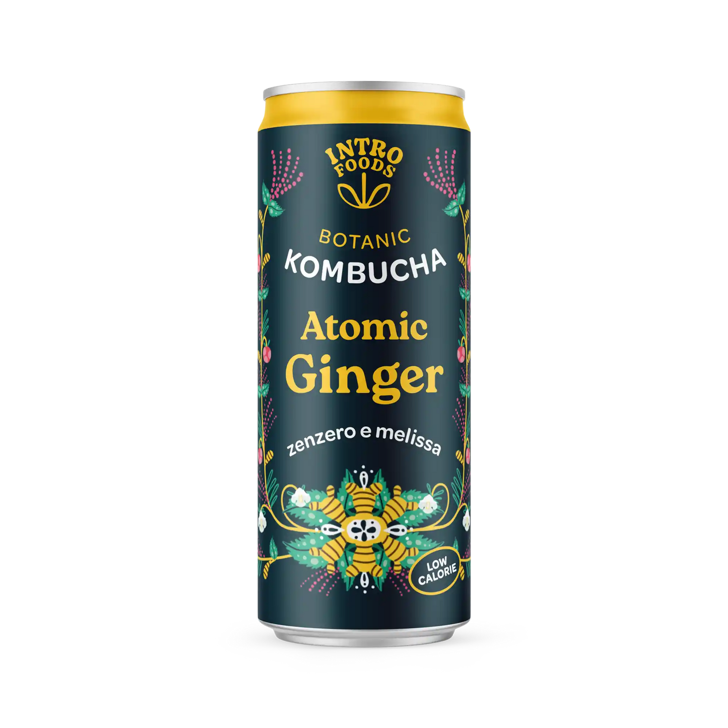 Atomic Ginger Kombucha in a can by Intro Foods, a flavorful craft beer with ginger and herbs.