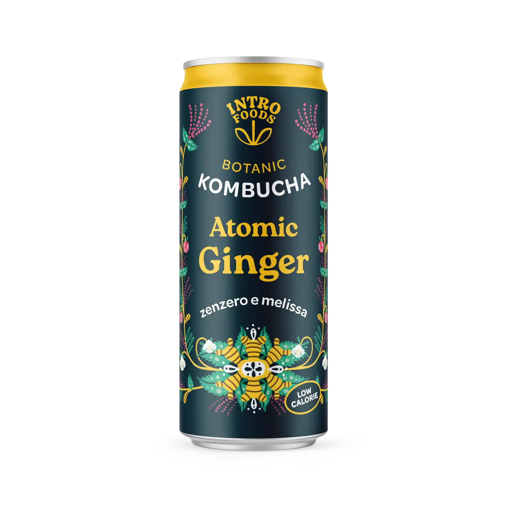 Atomic Ginger Kombucha in a can by Intro Foods, a flavorful craft beer with ginger and herbs.