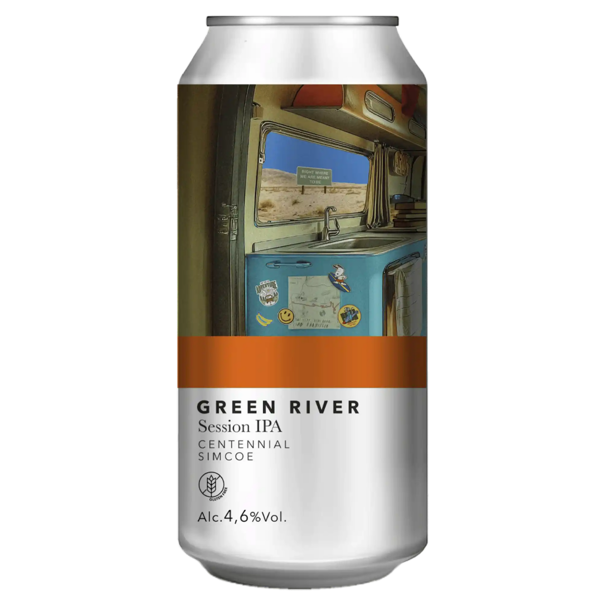 Green River Gluten Free, birra artigianale in lattina, Session IPA al 4.6%, di Shire Brewing, con luppoli Centennial e Simcoe.