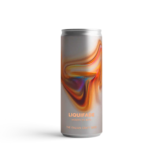 Liquifade moderno IPA 6% in lattina, birra artigianale italiana, carattere tropicale e setosa texture.