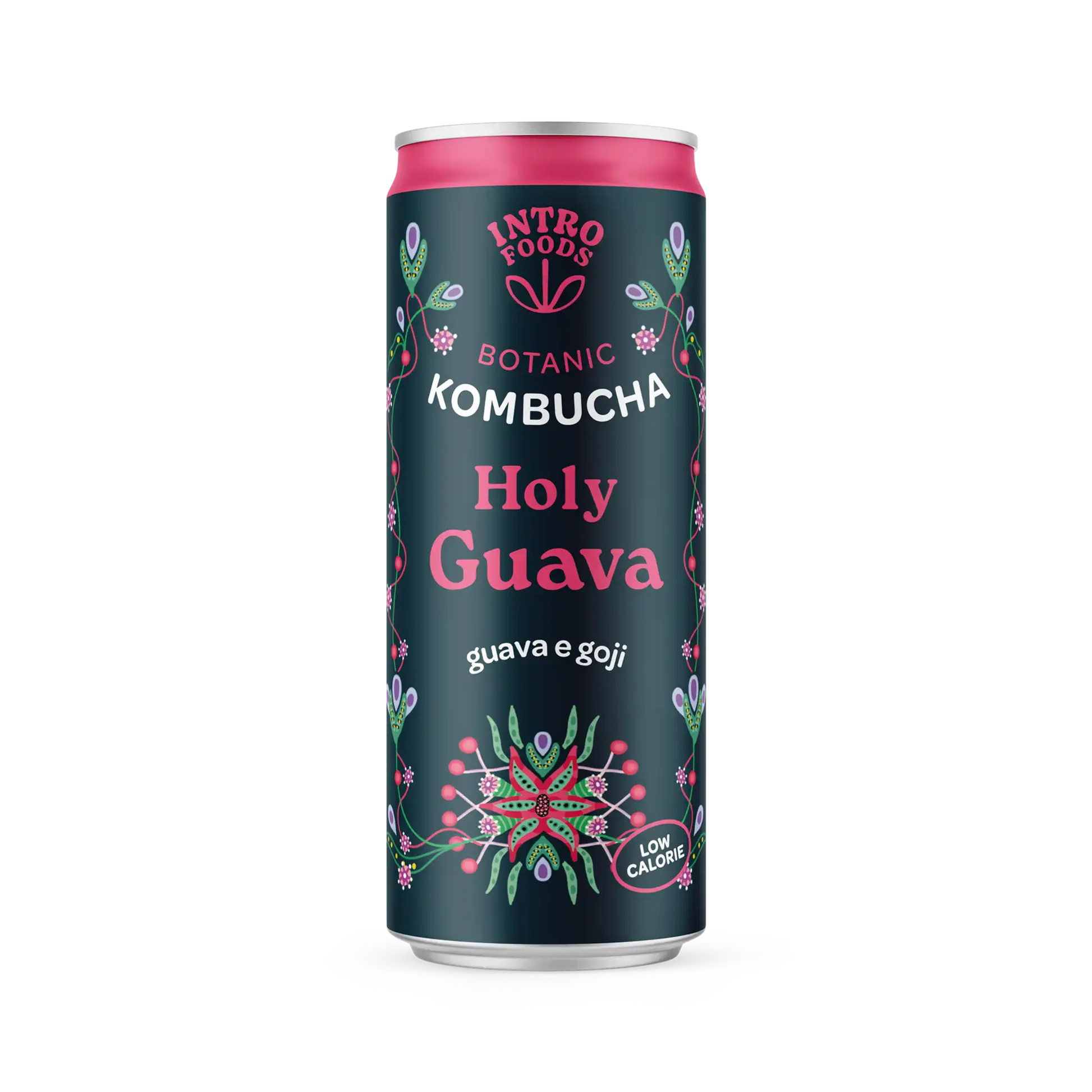 Holy Guava Kombucha in a sleek can by Intro Foods, a craft beer alternative rich in antioxidants.