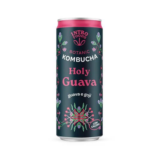 Holy Guava Kombucha in a sleek can by Intro Foods, a craft beer alternative rich in antioxidants.