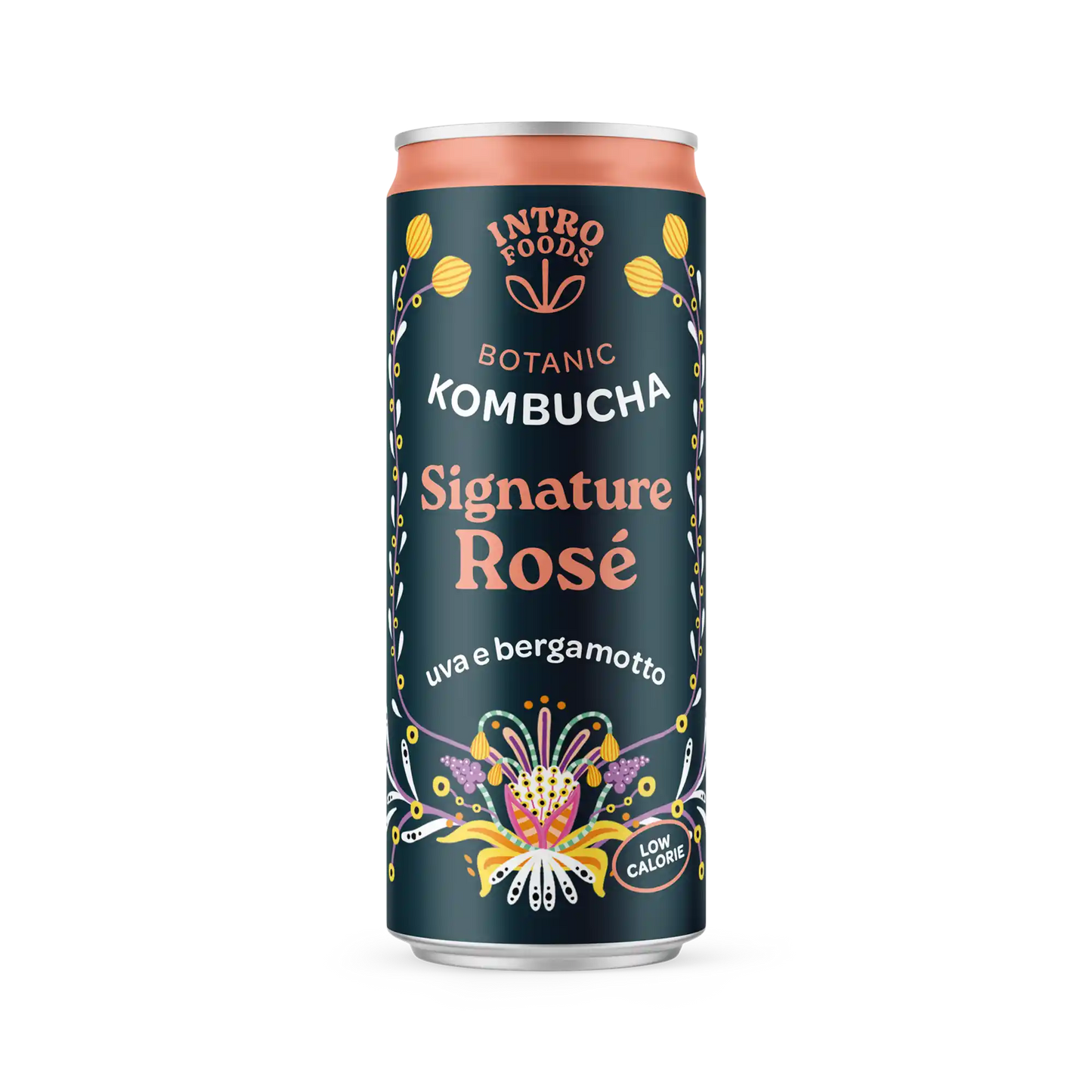 Lattina di Signature Rosé Kombucha di Intro, birra artigianale con uva e bergamotto, aroma fresco.