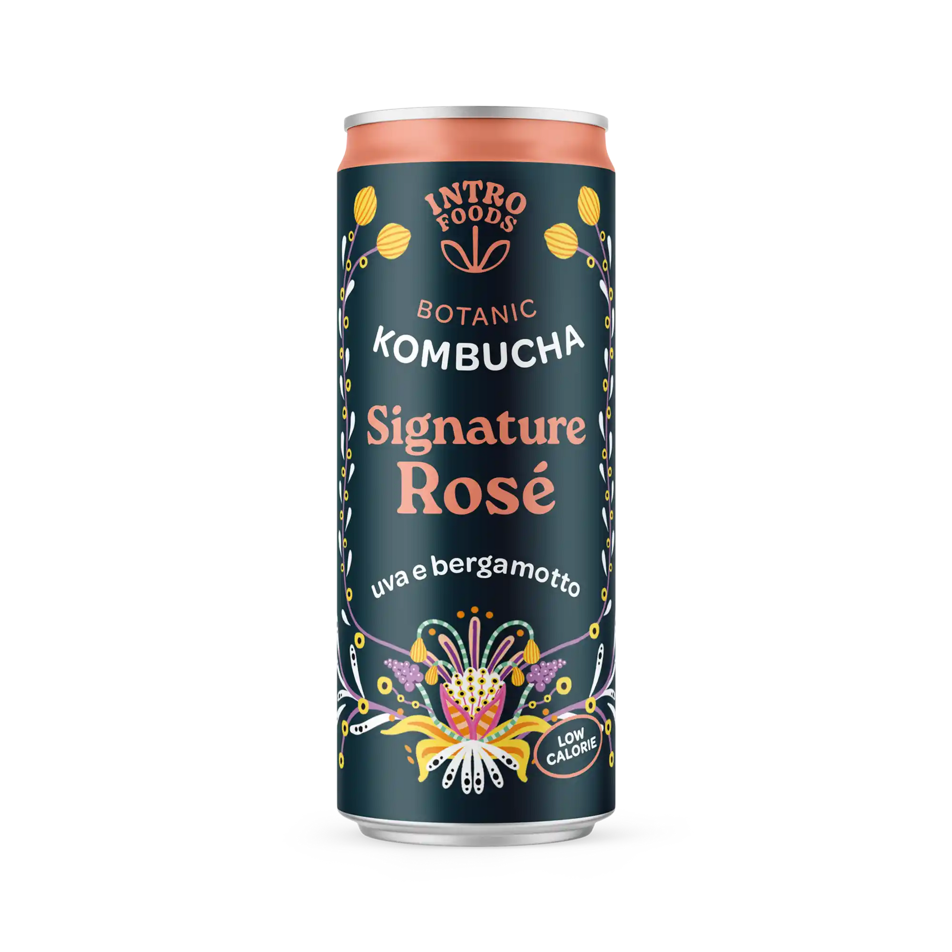 Lattina di Signature Rosé Kombucha di Intro, birra artigianale con uva e bergamotto, aroma fresco.