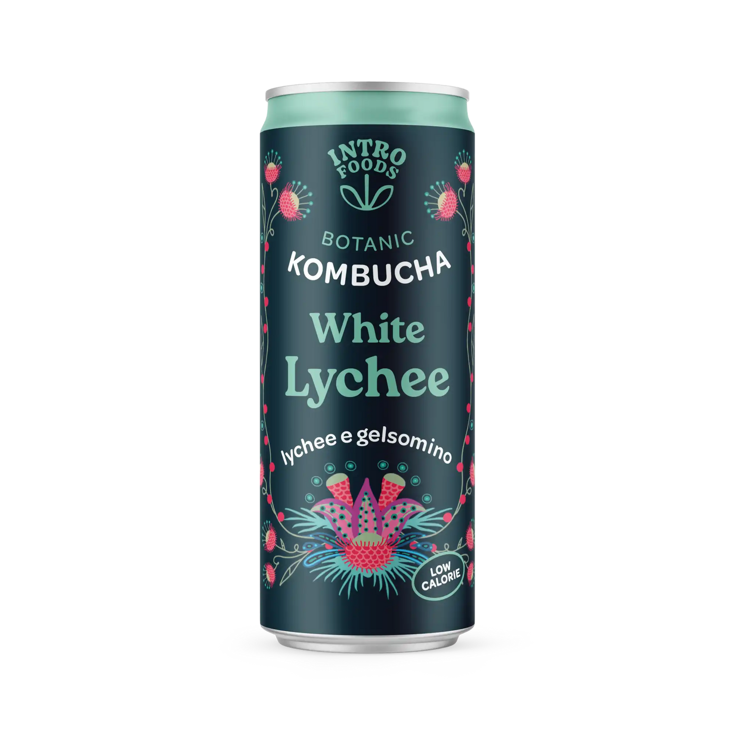 White Lychee Kombucha can from Intro Foods, featuring lychee and jasmine flavors, low-calorie craft beer.