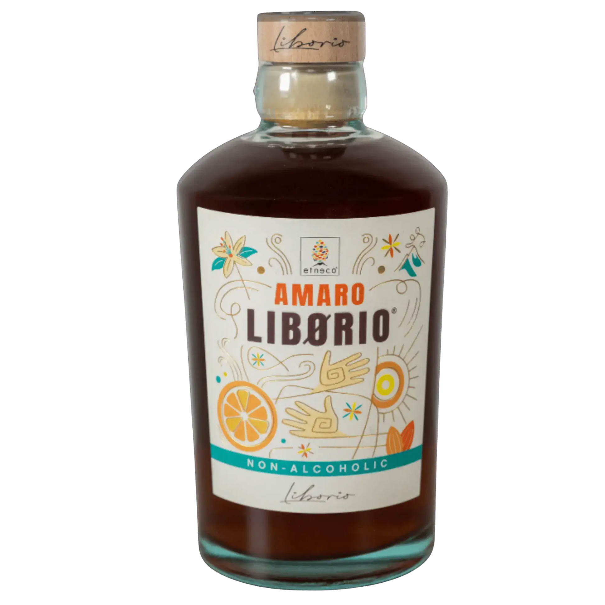 Amaro Liborio Analcolico, amaro siciliano non alcolico con note aromatiche, in bottiglia elegante.