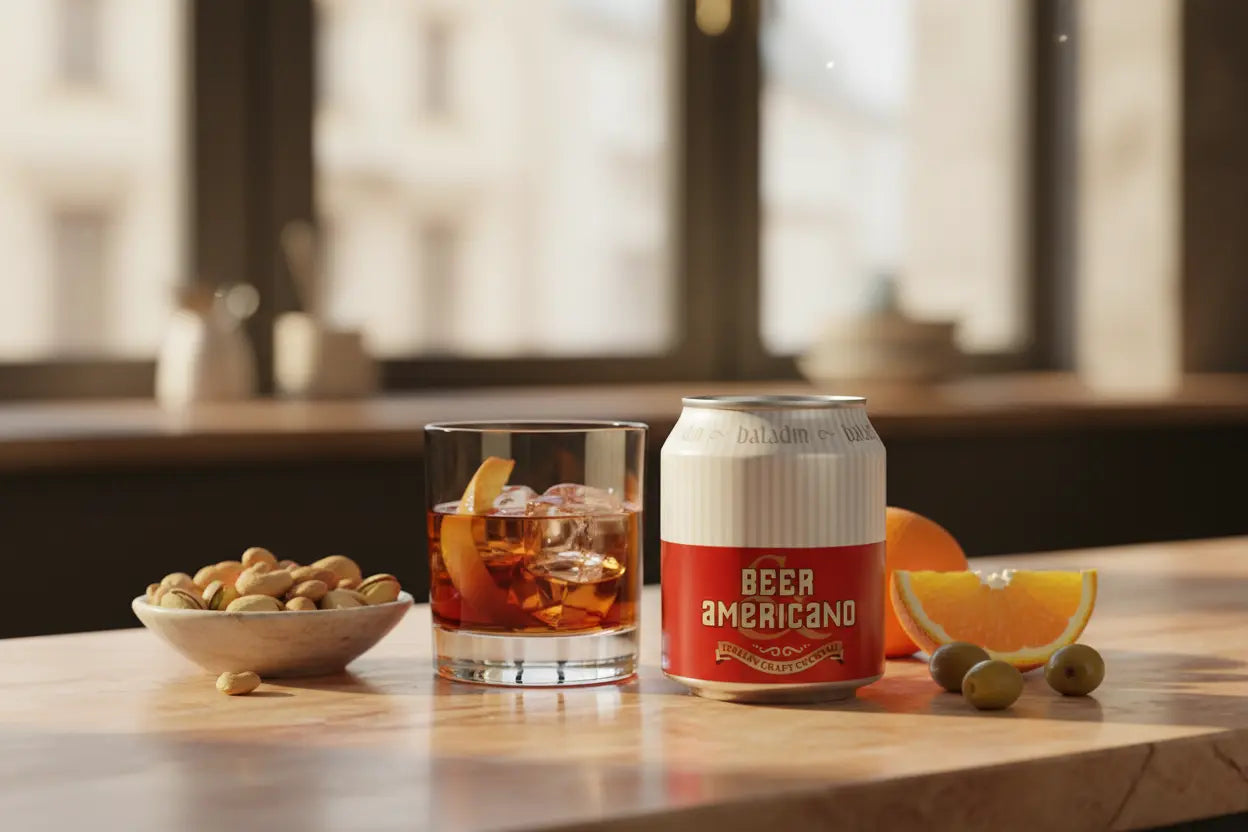 Beer Americano Baladin è il cocktail pronto da bere  di color rosso mattone e melograno con note speziate di vermouth e bitter - maltese.beer