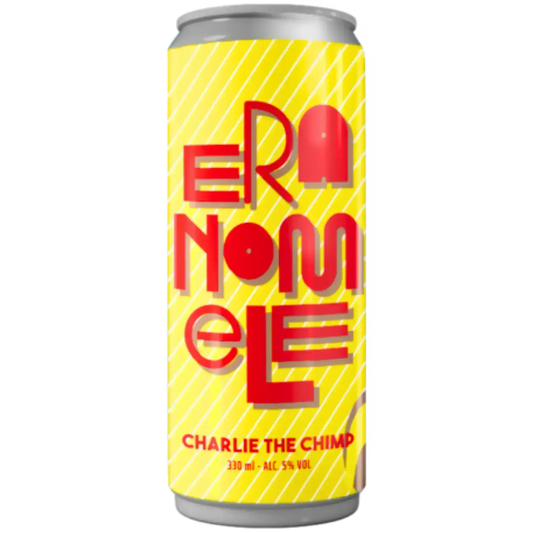 Charlie the Chimp craft beer can, 330ml, with unique smokey and banana flavors, by Erano Mele.