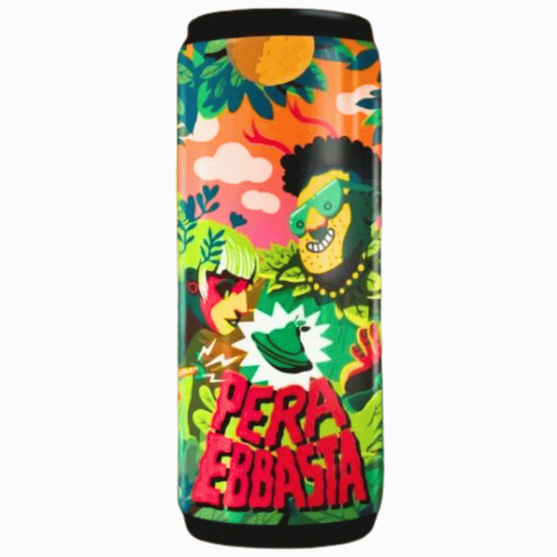 Lattina di Pera Ebbasta, birra artigianale italiana, caratterizzata da un design vivace e ispirato alla natura.