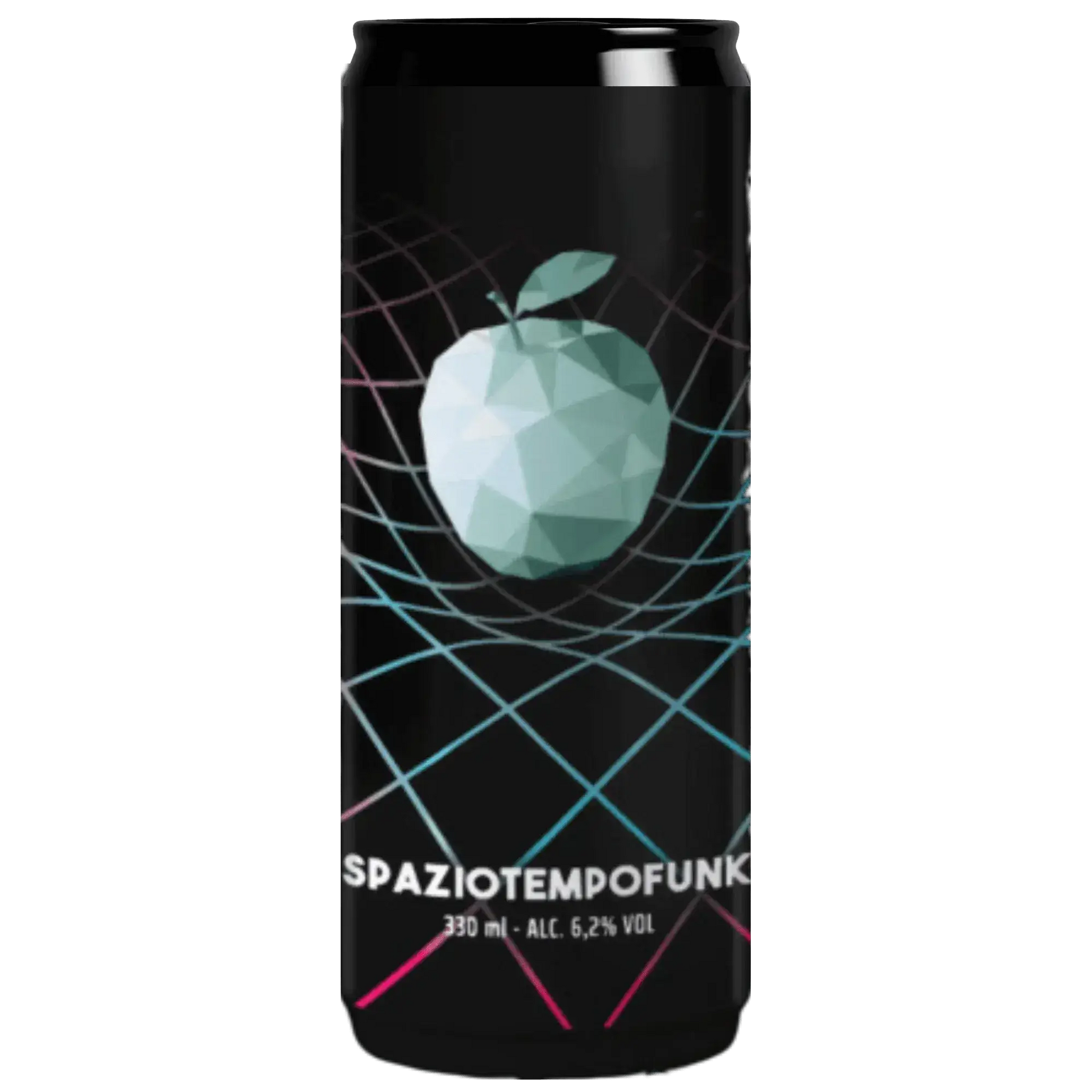Lattina di birra artigianale Spaziotempofunk, 330 ml, 6.2% ALK, design funky con mela in primo piano.