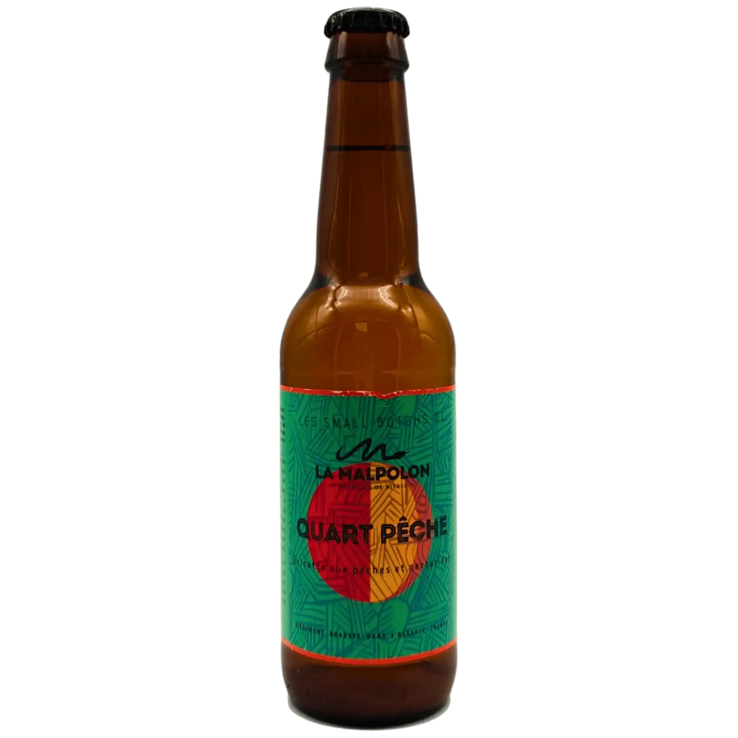 Quart Pêche by La Malpolon, a fruity craft beer in a bottle, 4.5% ABV, perfect for sour beer lovers.