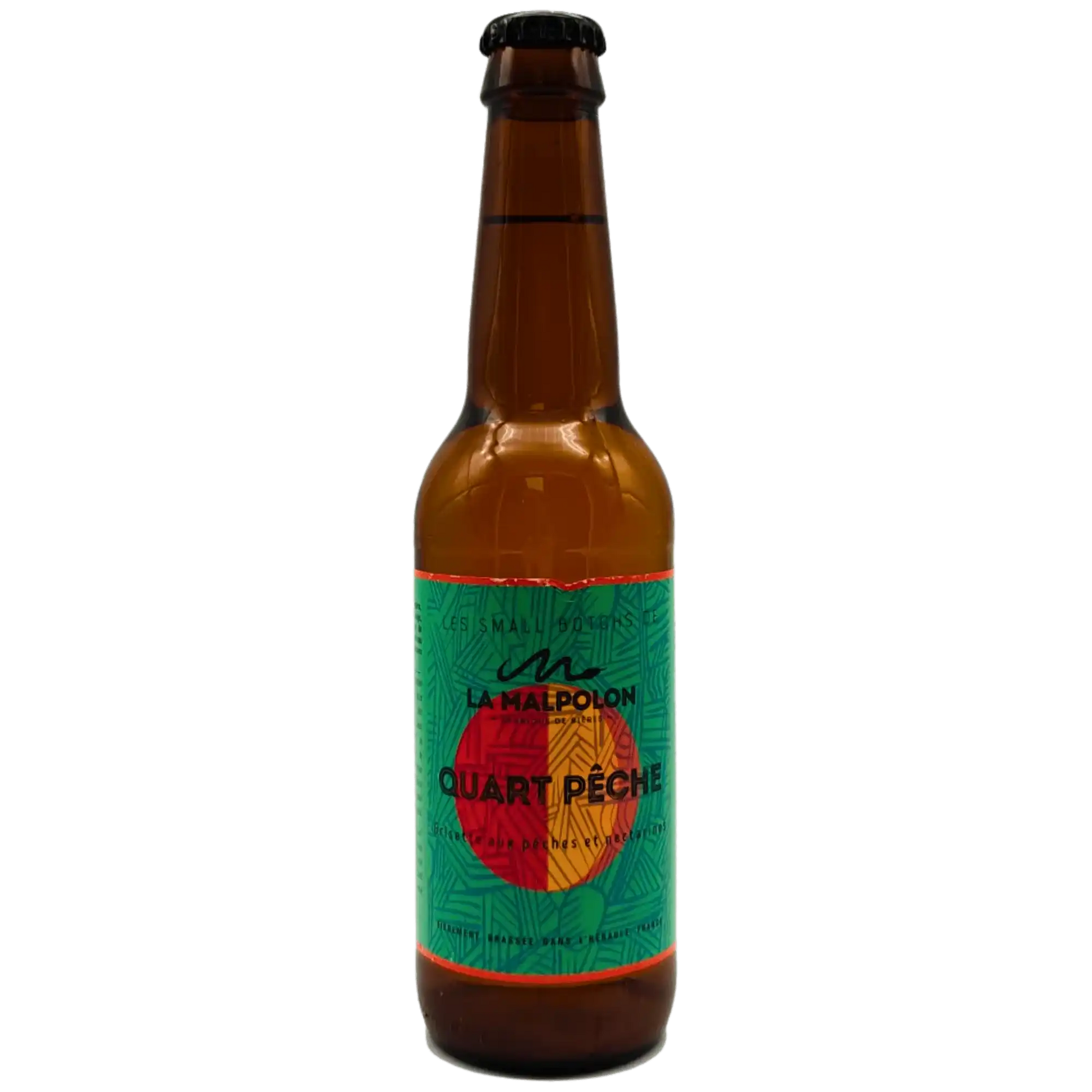 Quart Pêche by La Malpolon, a fruity craft beer in a bottle, 4.5% ABV, perfect for sour beer lovers.