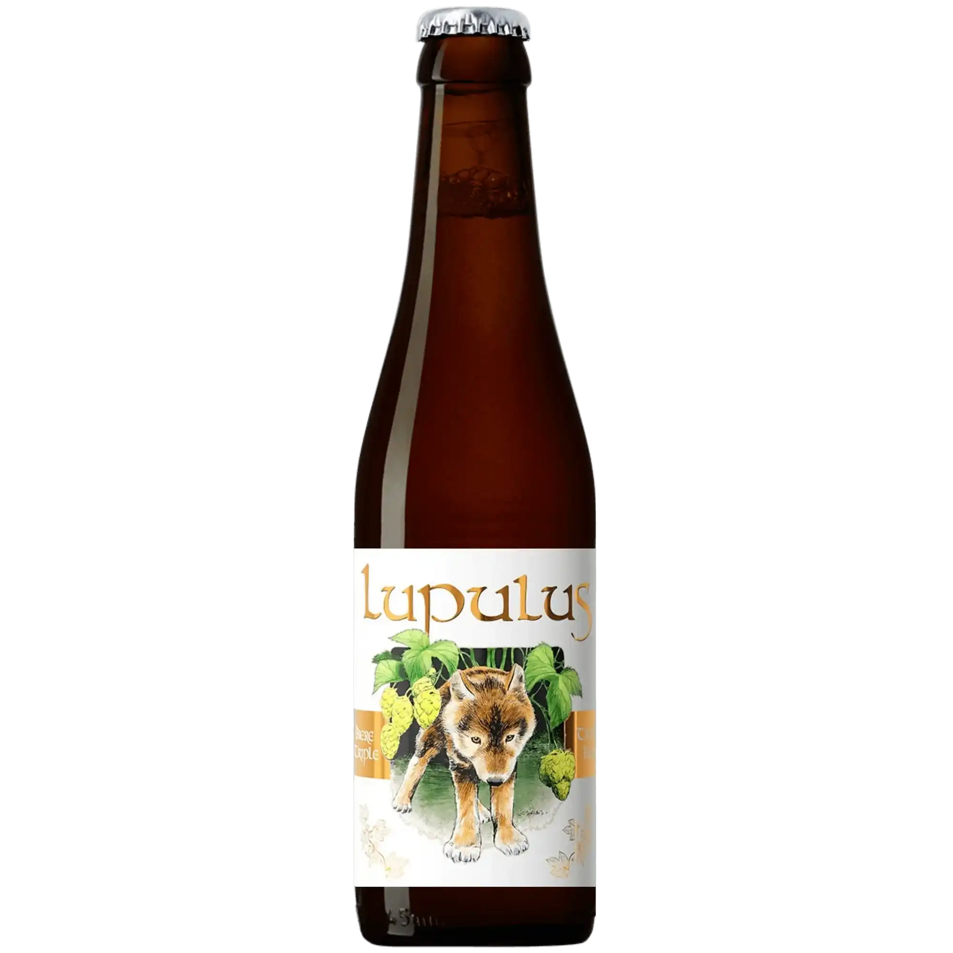 Bottle of Lupulus craft beer featuring a fox design, showcasing artisanal birra italiana.