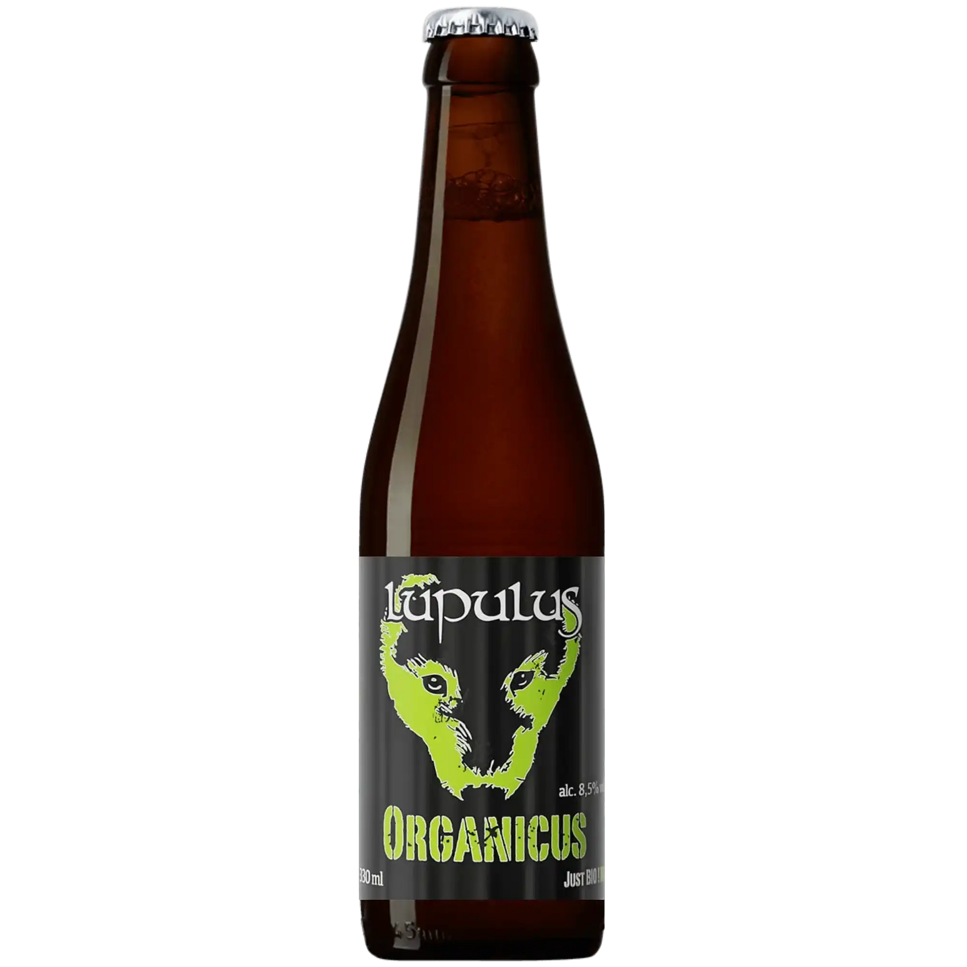 Bottiglia di birra artigianale Organicus Bio del birrificio Lupulus, 8,5 gradi alcolici.