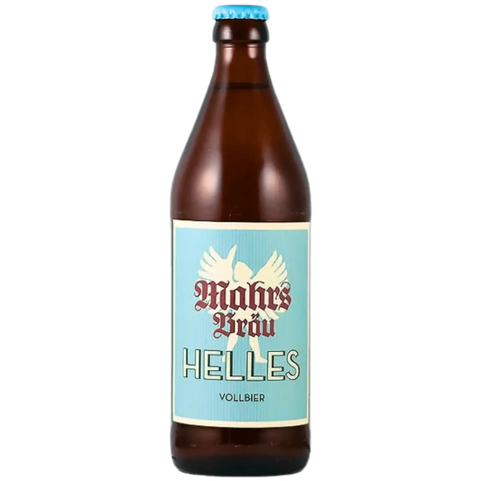 Helles Vollbier by Mahr's Bräu, a craft beer in a 500ml bottle, showcasing a clear and simple lager.