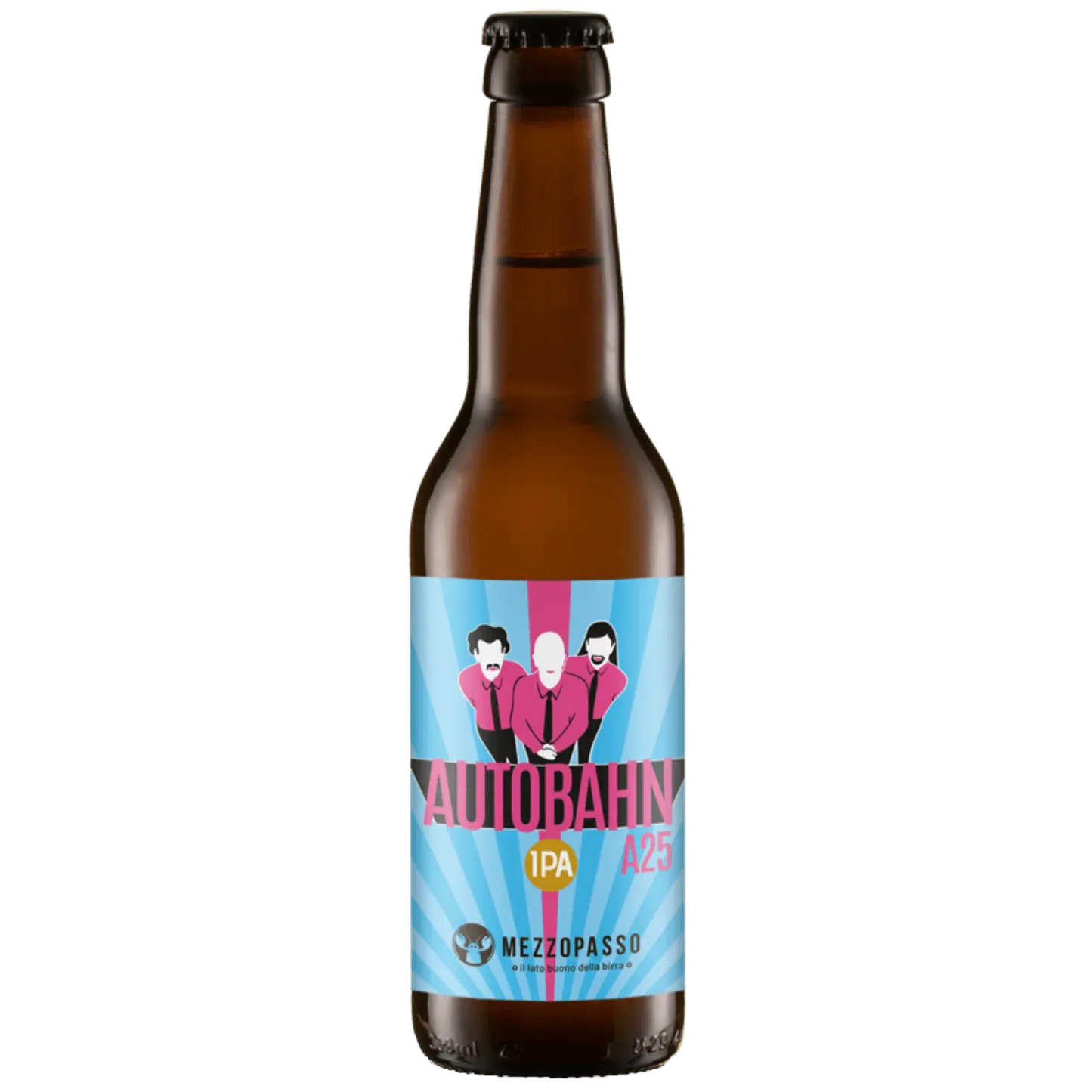Autobahn Ipa by Mezzopasso, craft beer bottle featuring vibrant label design, Italian artisan beer.