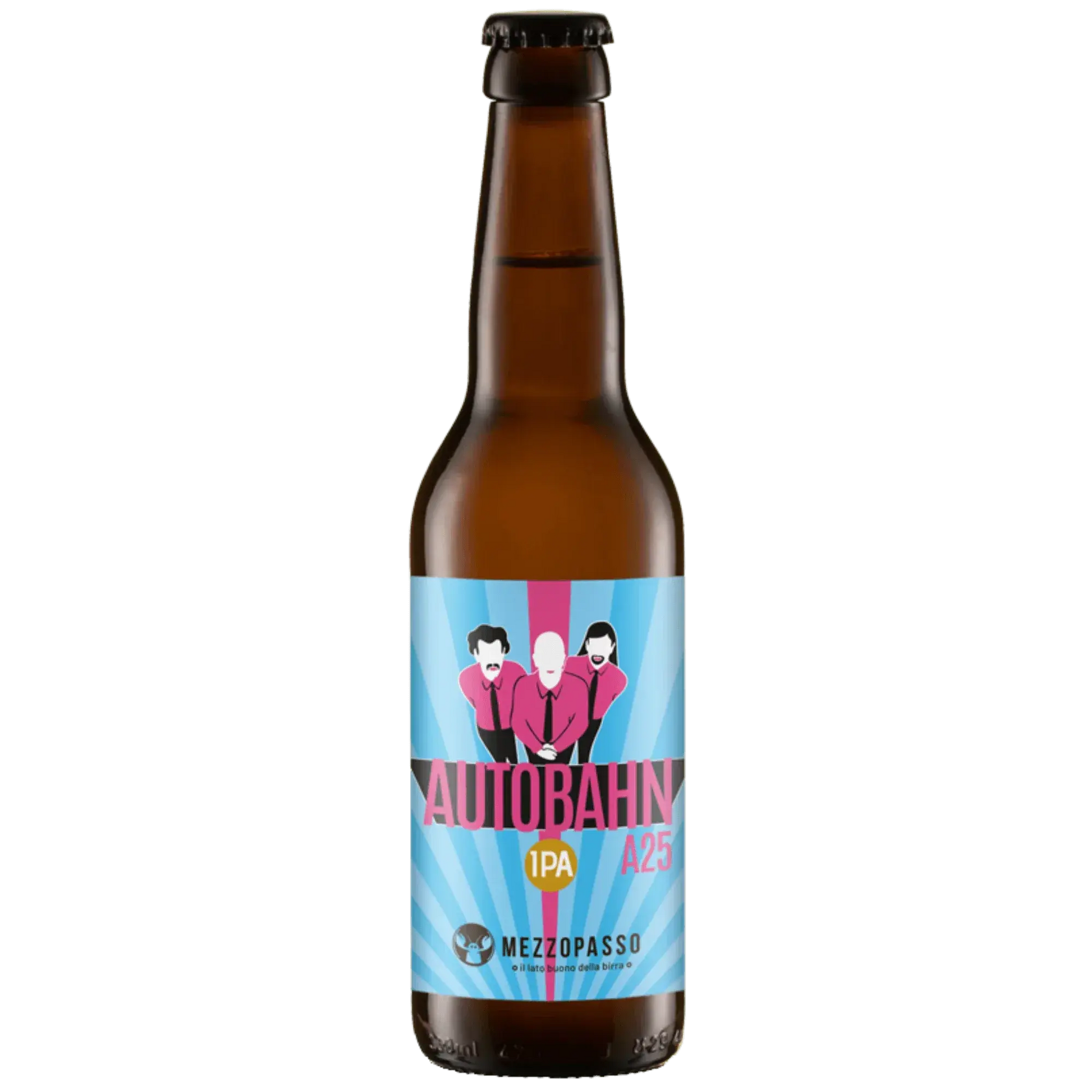 Autobahn Ipa by Mezzopasso, craft beer bottle featuring vibrant label design, Italian artisan beer.
