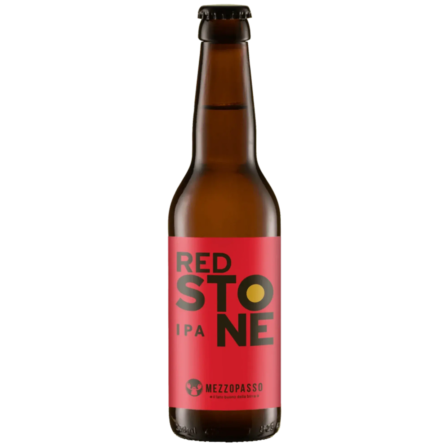 Bottiglia di birra artigianale Red Stone Ipa del birrificio Mezzopasso, un'IPA unica con aromi fruttati e speziati.