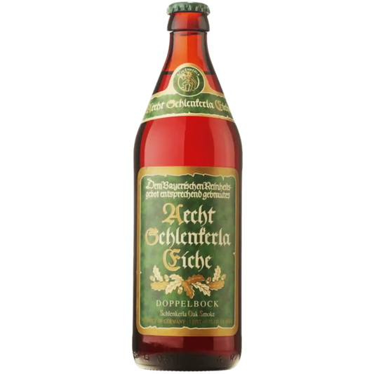 Eiche Doppelbock birra artigianale di Schlenkerla, in bottiglia da 8% ABV, con affumicatura su legno di quercia.