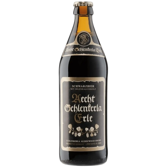 Erle Black Lager craft beer by Brauerei Heller Trum in a dark bottle, rich chocolate and smoked flavor.