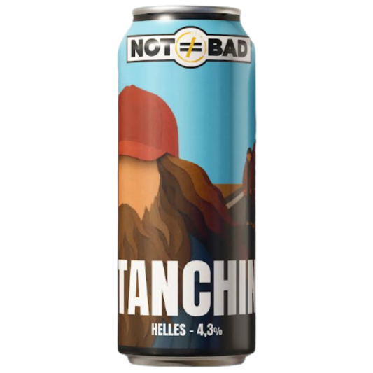 Stanchino Helles can from Not Bad, showcasing a vibrant design with 4.3% alcohol content.