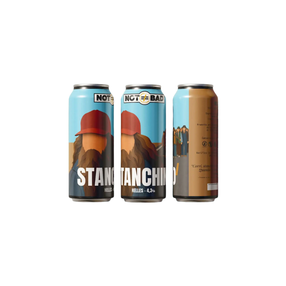 Stanchino Helles beer cans featuring vibrant design from Not Bad Milano, showcasing lager style and refreshing taste.