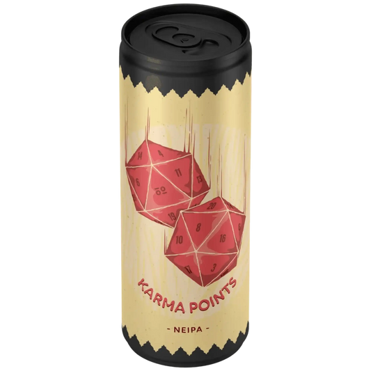 Karma Points NEIPA craft beer can art, featuring bold colors and playful design, from an Italian brewery.